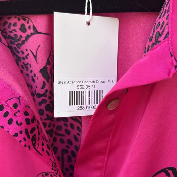 NEW WITH TAGS Pink cheetah Print Button-Up Dress ENTRO with pockets sz Large - Picture 2 of 7